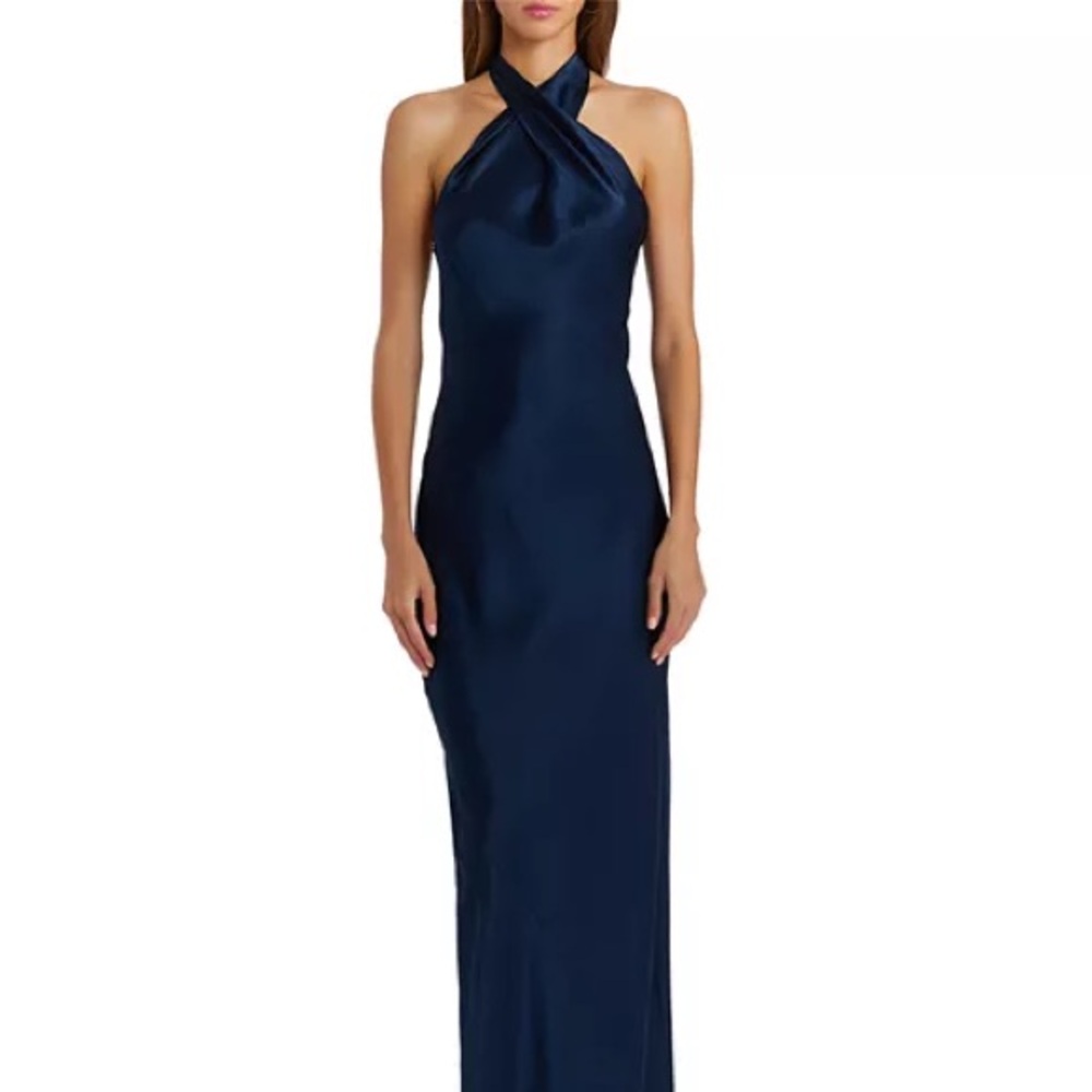 New Amanda Uprichard Jade Silk Dress Navy Maxi Halter Open Back - Picture 5 of 13